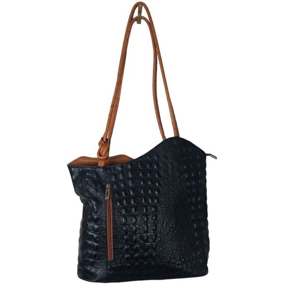 Moda In Pelle Purse Womens Black Ostrich Pattern Italian Leather Tote Backpack - Picture 7 of 16